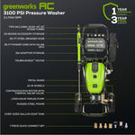 Greenworks Industrial Grade 3100-PSI 2.1-GPM Cold Water Electric Pressure washer with 5 Spray Tips