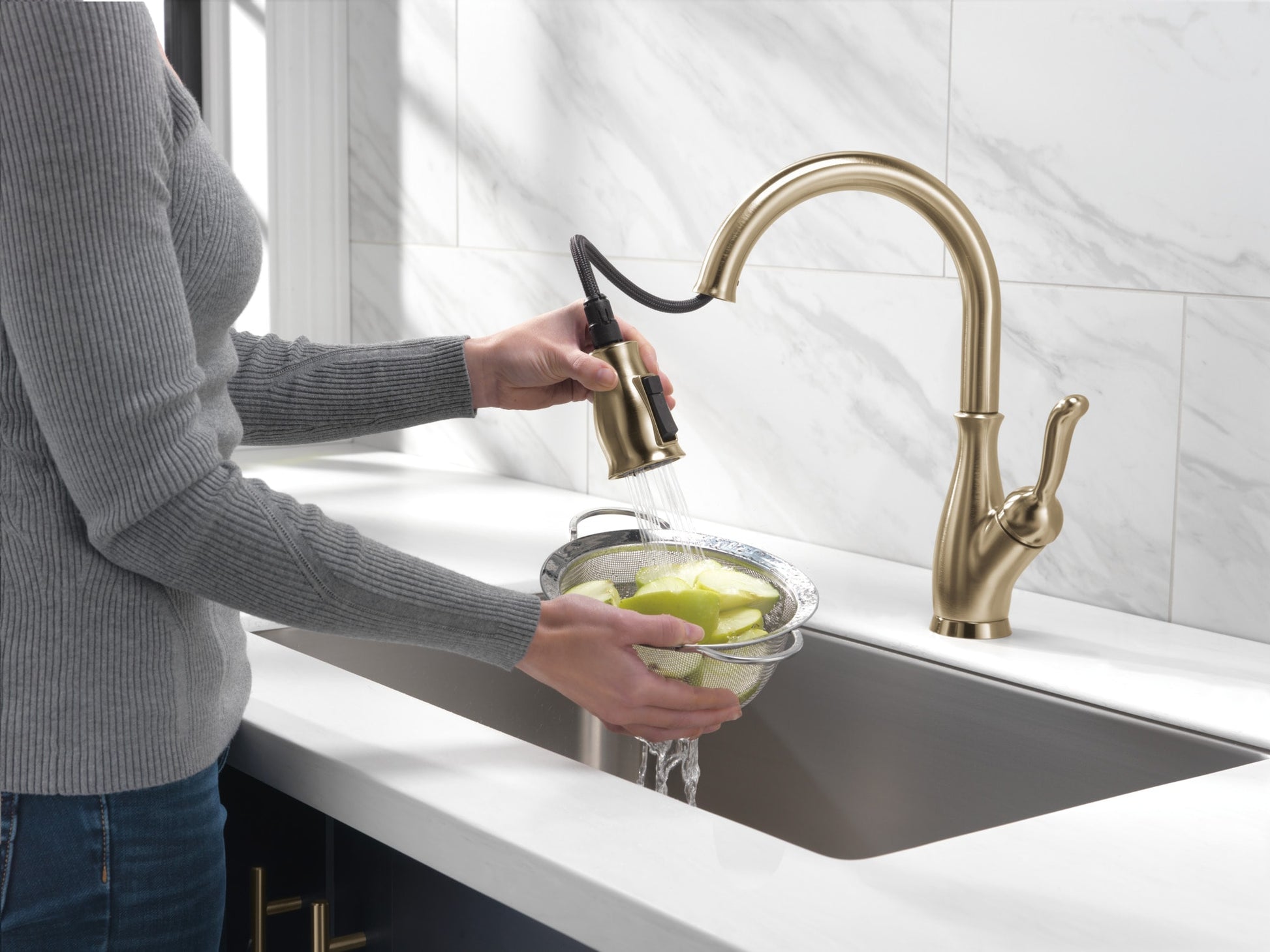 Delta Leland Single Handle Pull-Down Kitchen Faucet with ShieldSpray Technology in Champagne Bronze, MSRP: $439, FINAL PRICE: $199.99 + TAX