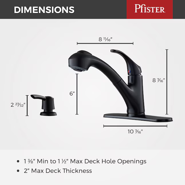 Pfister Shelton Matte Black Double Handle Deck-Mount Kitchen Faucet (Includes Deck Plate) (Includes Soap Dispenser), F-WKP-701B *JR2510, Retail: $129.00, FINAL PRICE: $77.99 + TAX