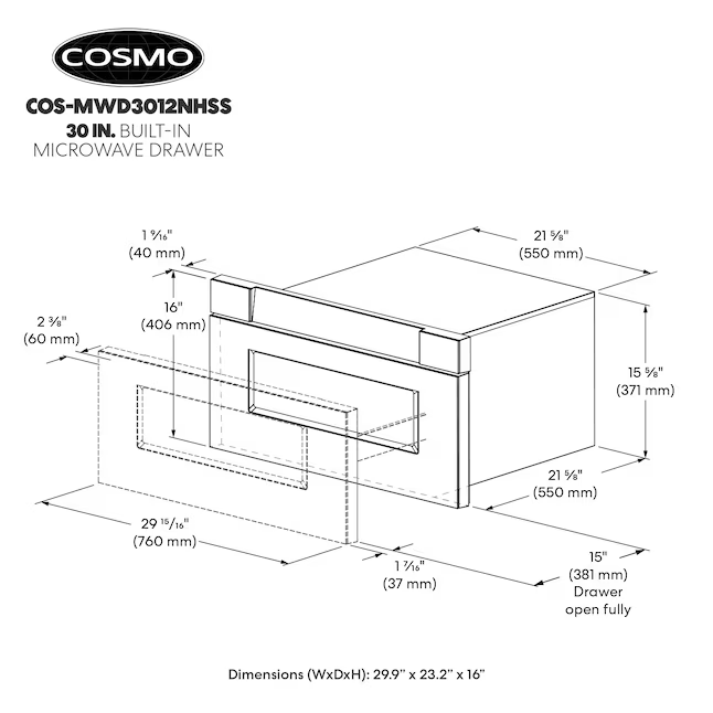 Cosmo 30-in 1.2-cu ft 1000-Watt Microwave Drawer (Stainless Steel), COS-MWD3012NHSS *JR2510, Retail: $1,699.99, FINAL PRICE: $899.99 + TAX