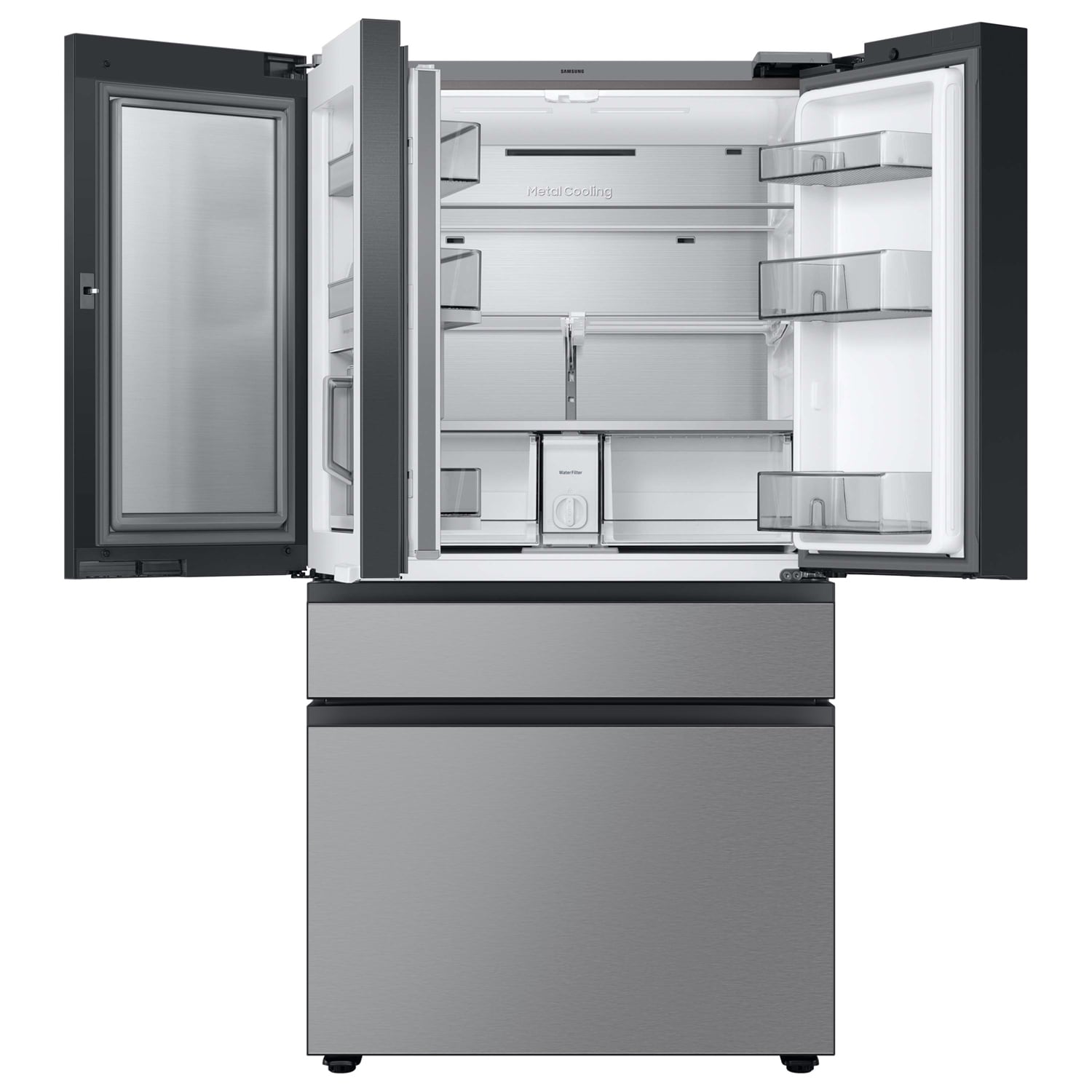 Samsung Bespoke AI Standard-Depth Family Hub 29-cu ft 36-in Wide with Dual Ice Maker and Door within Door (Charcoal Glass Top Stainless Steel Bottom Panels)