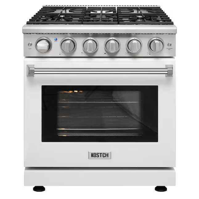 KOSTCH 30-in 5 burners 4.55-cu ft Convection Oven Freestanding Natural Gas Range (White), KOS-30RG03M-W *JR2510, Retail: $1,899.00, FINAL PRICE: $1,199.99 + TAX