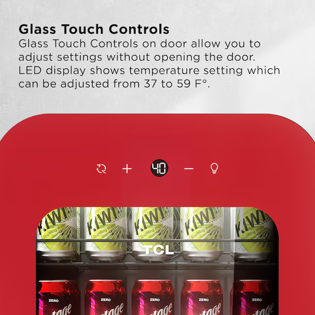 TCL 17.7-in W 94-Can Capacity Red Freestanding Indoor Beverage Refrigerator with Glass Door, BC94L2R *JR2512, Retail: $449.00, FINAL PRICE: $199.99 + TAX