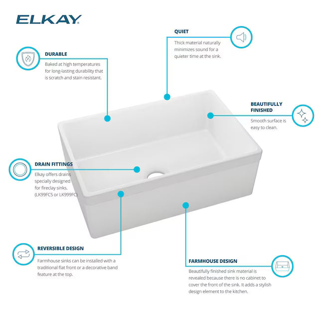 Elkay Farmhouse apron front 29.97-in x 19.93-in Fireclay Single bowl Kitchen Sink, SWUF28179WH, FINAL PRICE: $399.99 + TAX