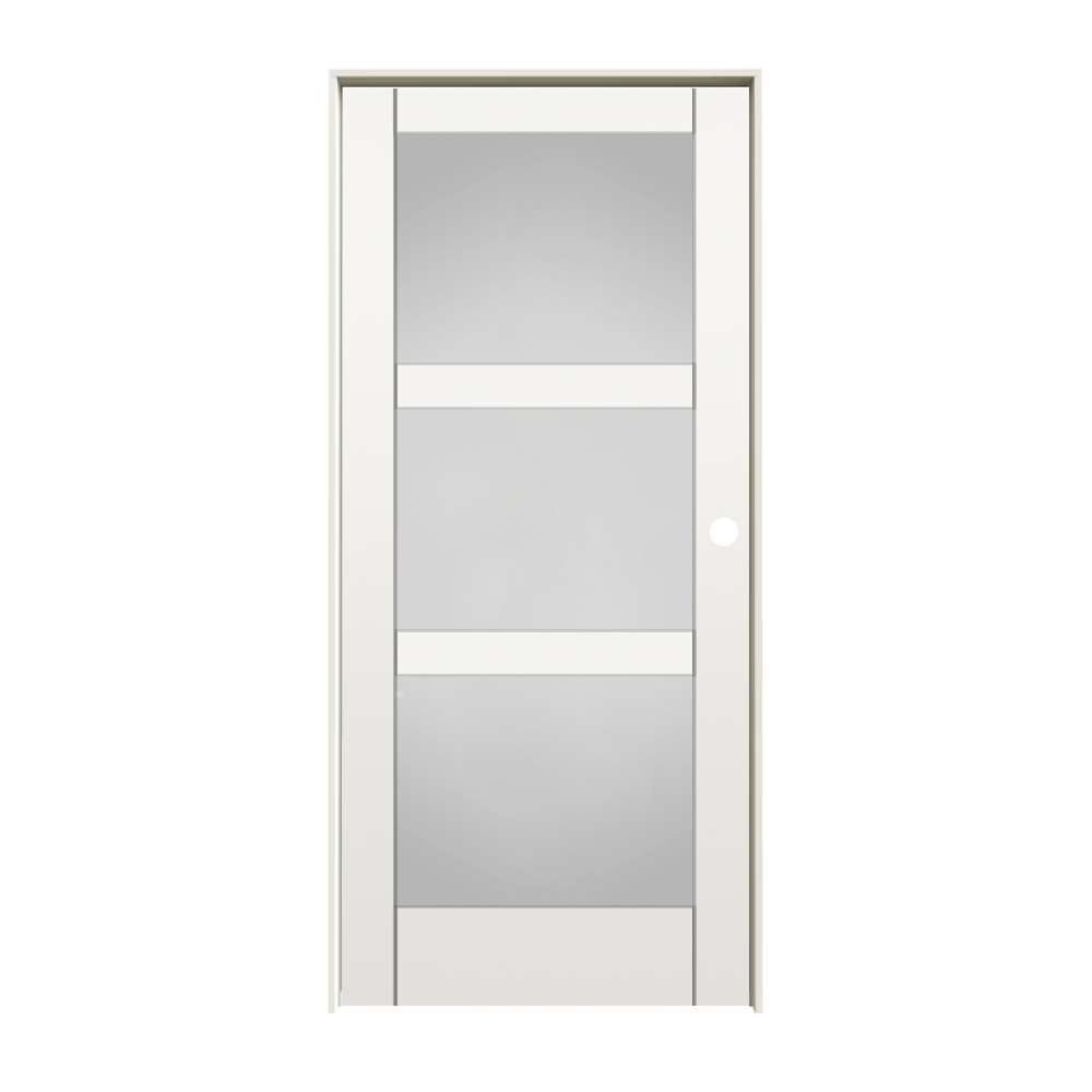 6573399  RELIABILT 32-in x 80-in Solid Core 3-panel Frosted glass Left Hand MDF Single Prehung Interior Door