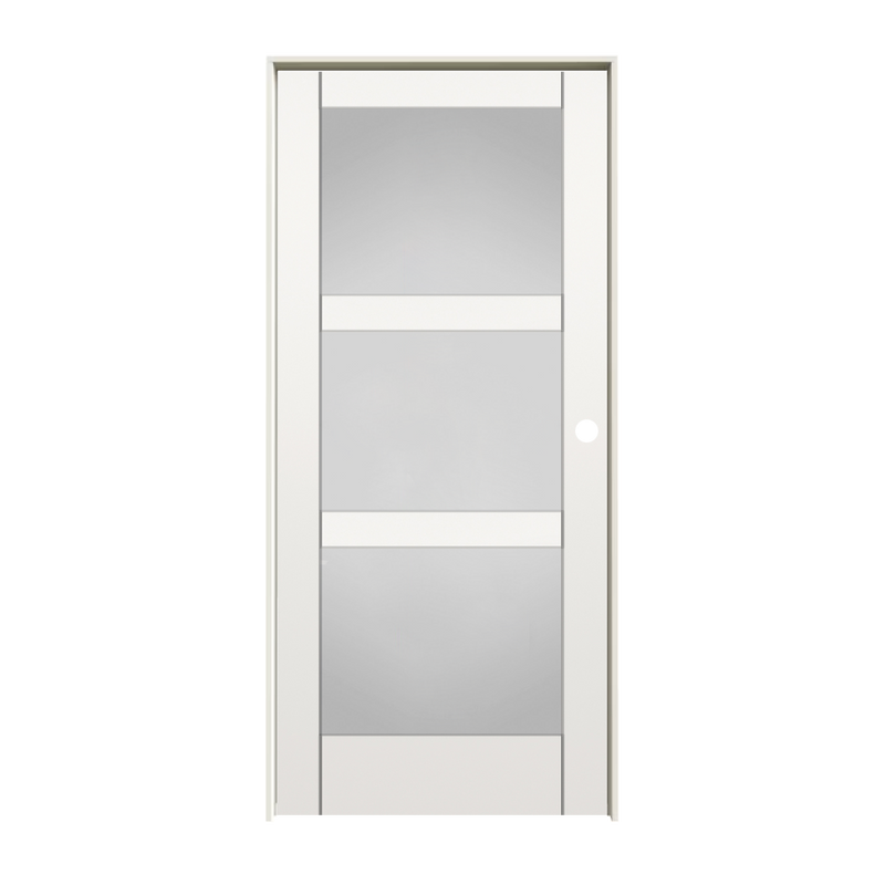 6573399  RELIABILT 32-in x 80-in Solid Core 3-panel Frosted glass Left Hand MDF Single Prehung Interior Door
