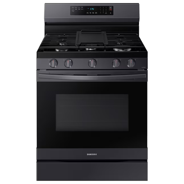 Samsung 30-in 5 Burners 6-cu ft Self-cleaning Air Fry Convection Oven Freestanding Natural Gas Range (Fingerprint Resistant Black Stainless Steel), NX60A6511SG/AA *BD