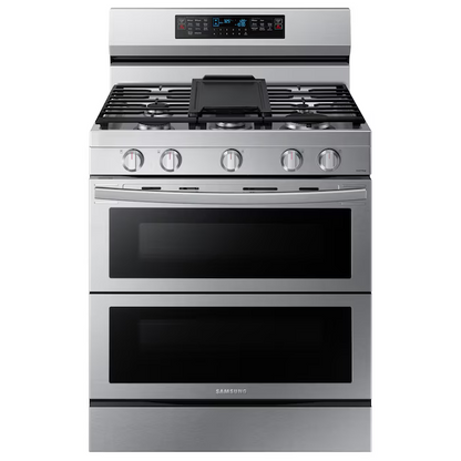 Samsung 30-in 5 burners 3.4-cu. ft / 2.5-cu. ft Self-cleaning Air Fry Convection Freestanding Natural Gas Double Oven Range (Stainless Steel), NX60A6751SS/AA *BD