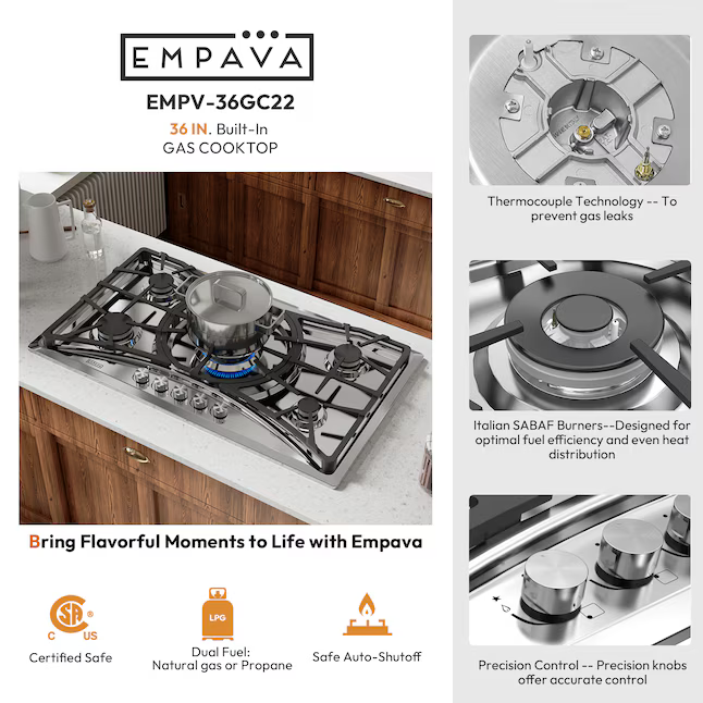 Empava 36-in 5 burners Stainless Steel Gas Cooktop, EMPV-36GC22, Retail: $522.12, FINAL PRICE: $299.99 + TAX