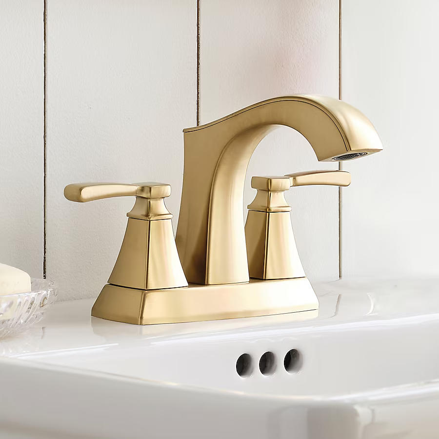 Alpine Reserve Chesler Brushed Gold 4-in Centerset 2-handle WaterSense High-arc Residential Handle Bathroom Sink Faucet with Drain with Deck Plate, 67123W-614408 #3808605 *JR2511, Retail: $99.00, FINAL PRICE: $59.99 + TAX