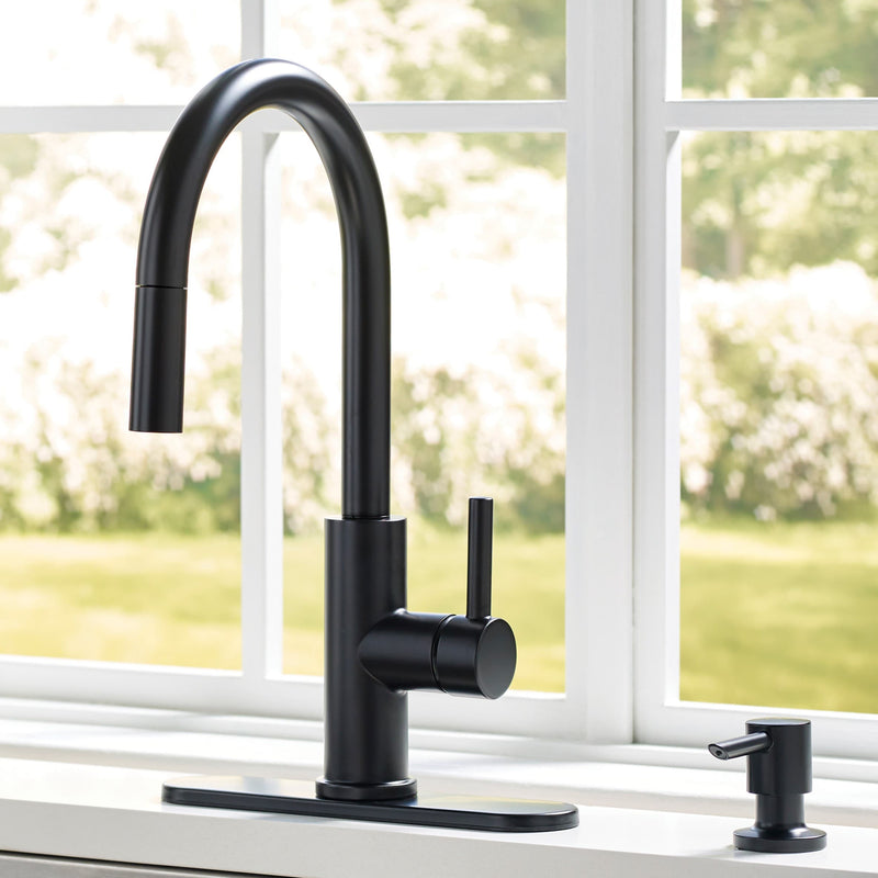 Alpine Reserve Harlow Simplefit Matte Black Single Handle Deck-mount Pull-down Kitchen Faucet with Sprayer (Includes Deck Plate) (Includes Soap Dispenser)
