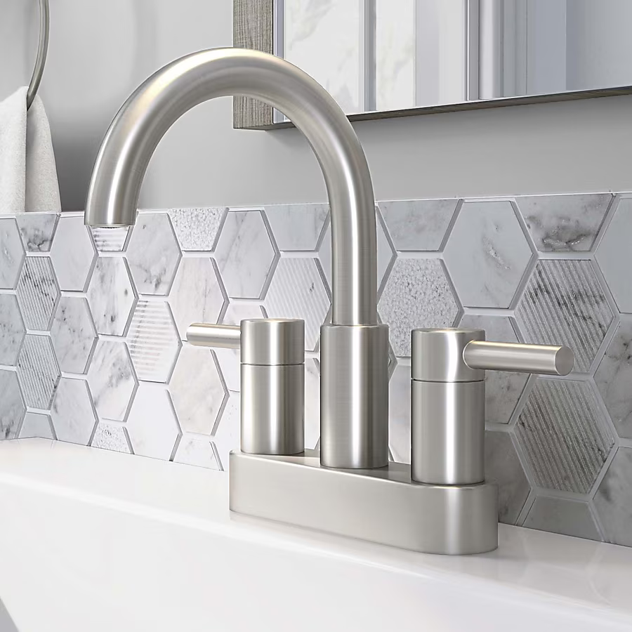 Alpine Reserve Harlow Brushed Nickel 4-in Centerset 2-Handle WaterSense High-Arc Residential Handle Bathroom Sink Faucet with Drain with Deck Plate, 67692W-6104 #702752 *JR2509, Retail: $69.00, FINAL PRICE: $46.99 + TAX