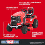 CRAFTSMAN TURNTIGHT 42-in 56-volt Lithium Ion Electric Riding Lawn Mower with (1) 60 Ah Battery, CMCRM233303  5119471  *JR2407 [FB153], MSRP: $4,899.00, Final: $1,999.00, CLEARANCED