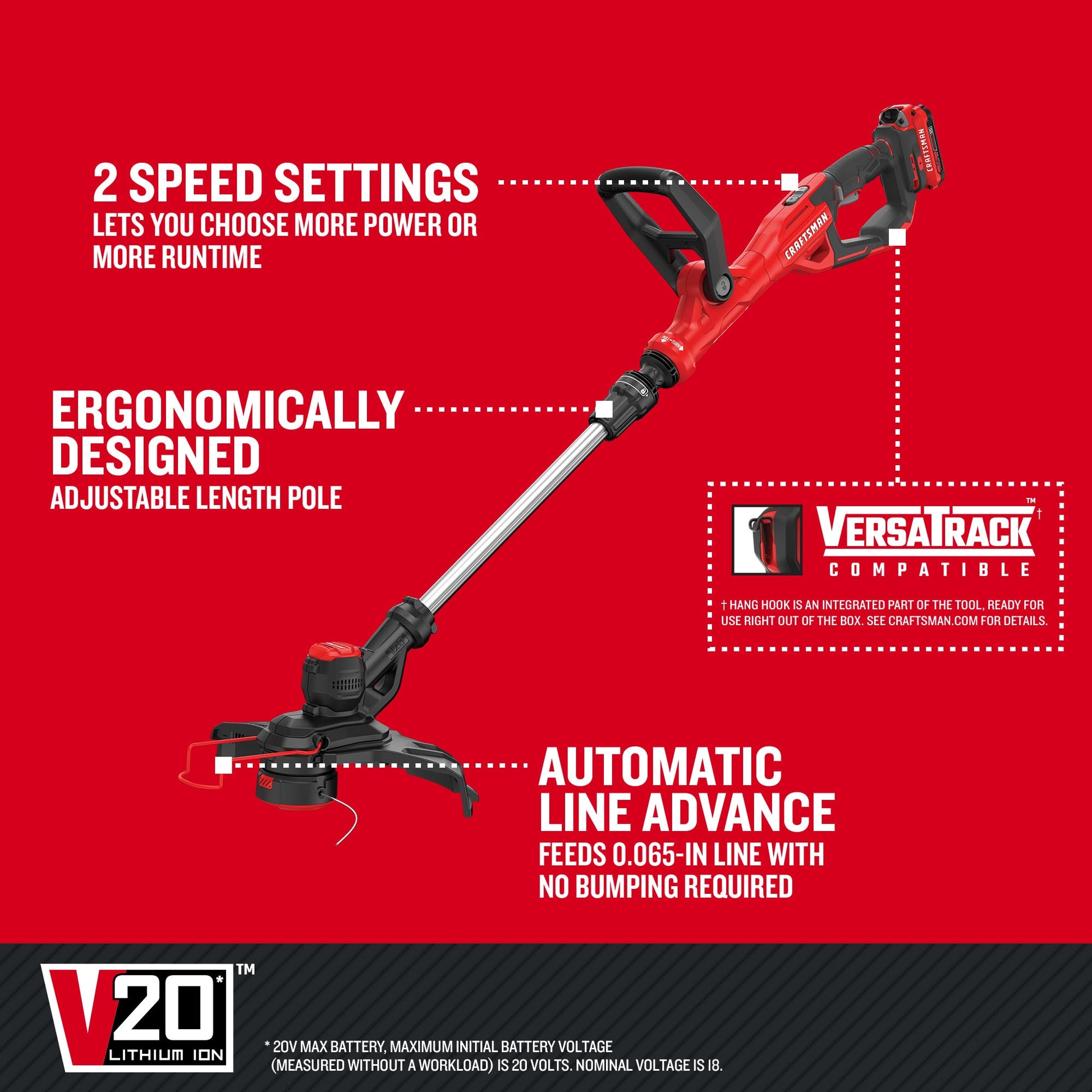 CRAFTSMAN V20 20-volt max 13.0-in Straight Shaft Battery String Trimmer Edger Conversion Capable 2 Ah (Battery Included) (Charger Included) [FBM-153]