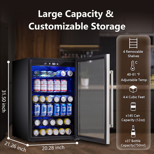 COWSAR 20.28-in W 126-Can Capacity Clear Glass Freestanding Indoor Beverage Refrigerator with Glass Door, W58128SSH *JR2510, Retail: $549.99, FINAL PRICE: $249.99 + TAX