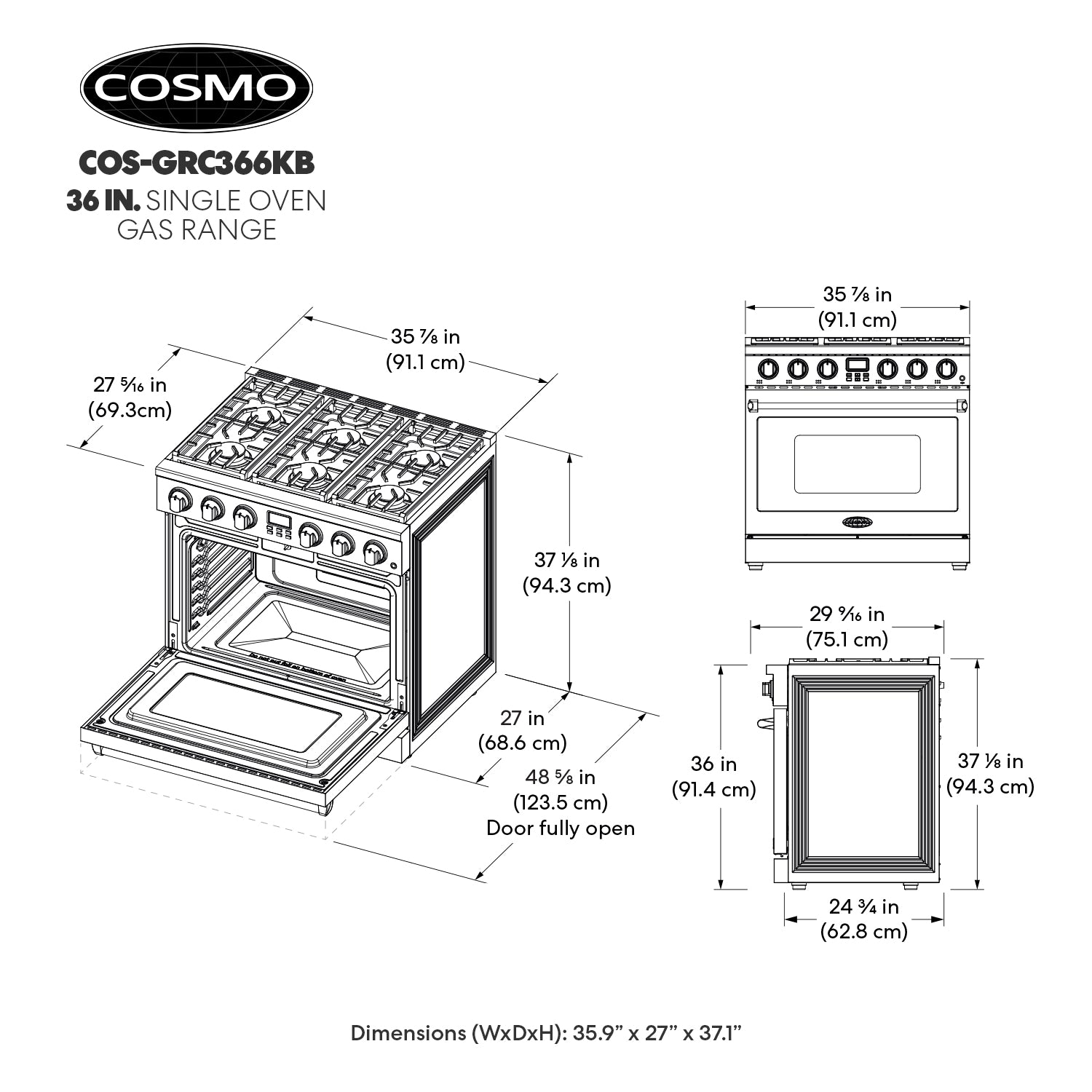Cosmo COS-GRC366KB 36-in 6 burners 6.1-cu ft Convection Oven Slide-In Natural Gas Range ( Stainless Steel )