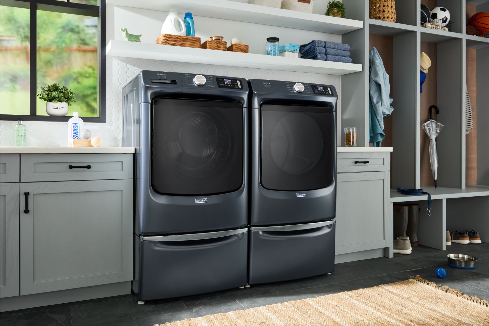 Maytag Universal Laundry Pedestal ( Midnight Steel ) with Storage Drawer