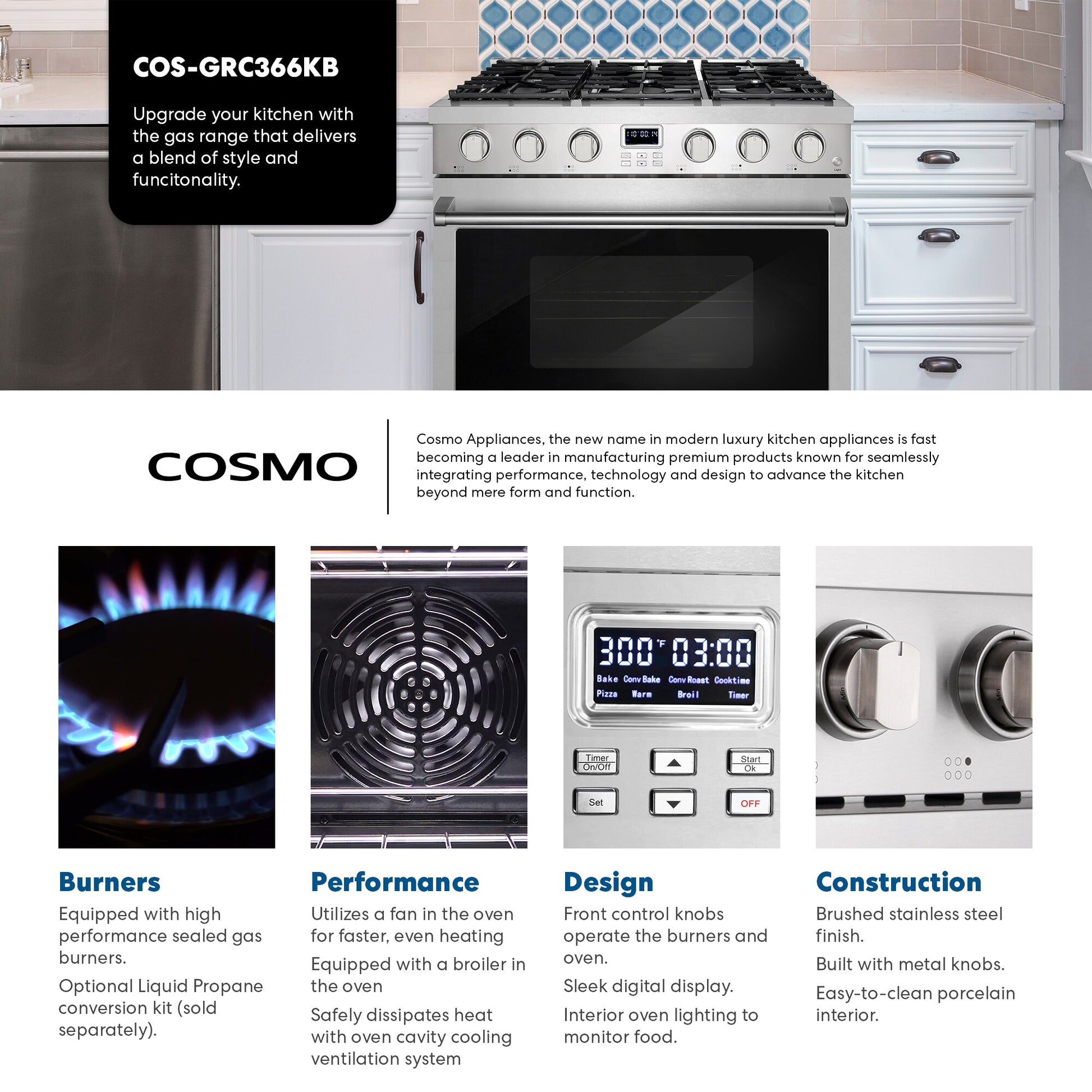 Cosmo COS-GRC366KB 36-in 6 burners 6.1-cu ft Convection Oven Slide-In Natural Gas Range ( Stainless Steel )