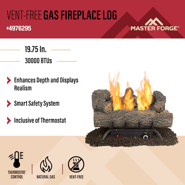 Master Forge 19.75-in 30000-BTU Dual Fuel Dual Vented Gas Fireplace Logs with Thermostat, VFL3-EO18DTL [FB190], MSRP: $245.00, Final Price: $149.00 + Tax