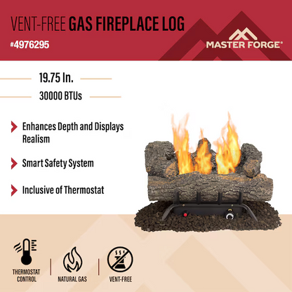 Master Forge 19.75-in 30000-BTU Dual Fuel Dual Vented Gas Fireplace Logs with Thermostat, VFL3-EO18DTL [FB190], MSRP: $245.00, Final Price: $149.00 + Tax