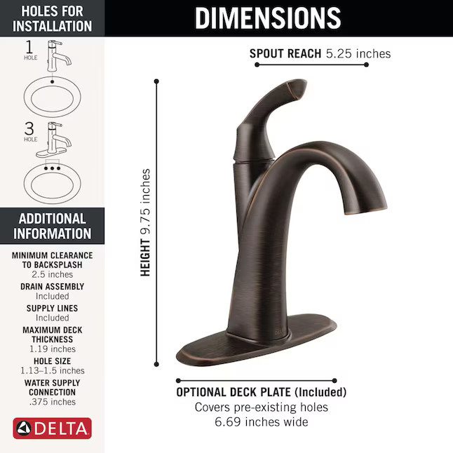 Delta Sandover Venetian Bronze Single hole 1-handle WaterSense Mid-arc Residential Handle Bathroom Sink Faucet with Drain with Deck Plate, 15748LF-RB #5286651  *JR2512, Retail: $223.95, FINAL PRICE: $119.99 + TAX