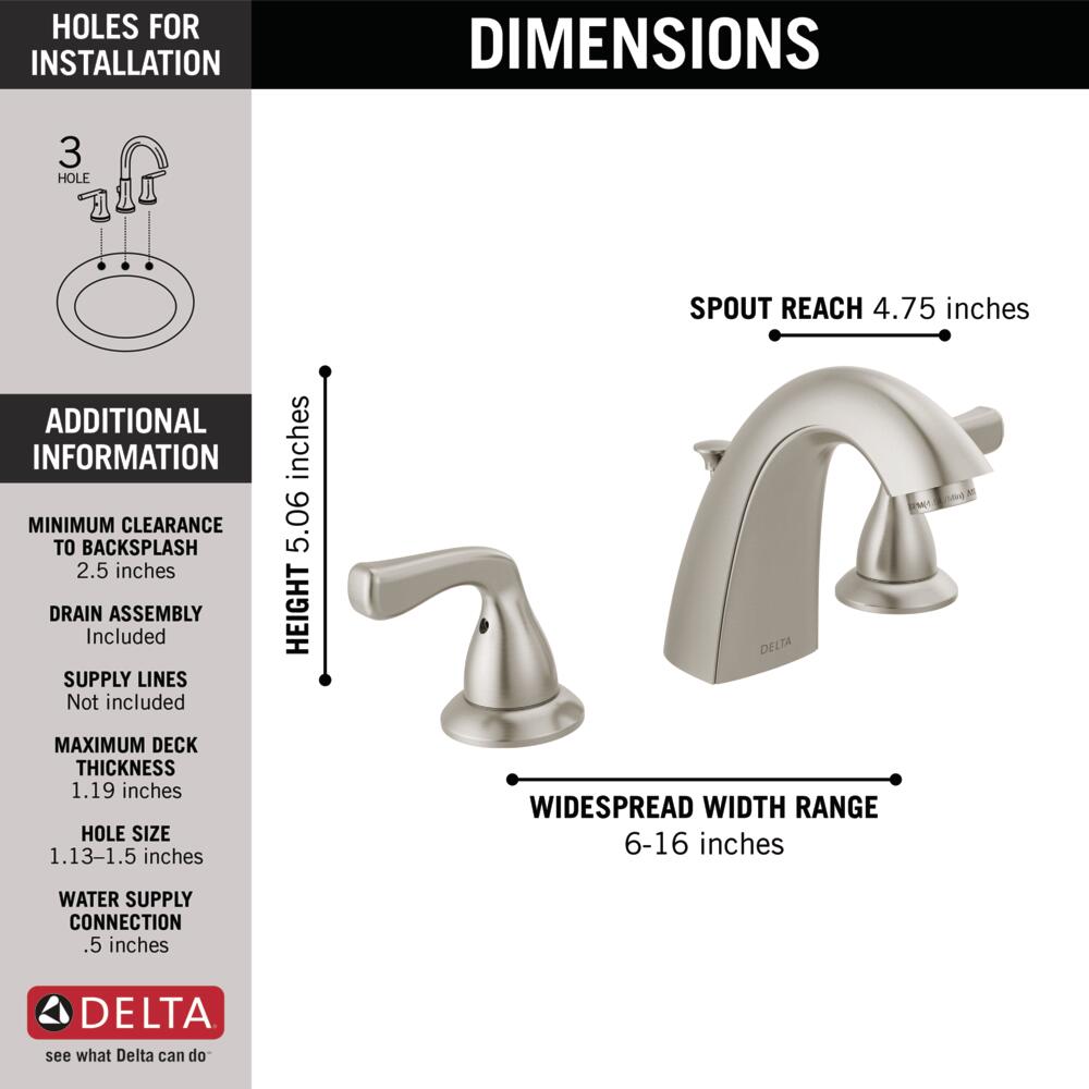 Delta Foundations Brushed Nickel Widespread 2-handle WaterSense Mid-arc Residential Handle Bathroom Sink Faucet with Drain