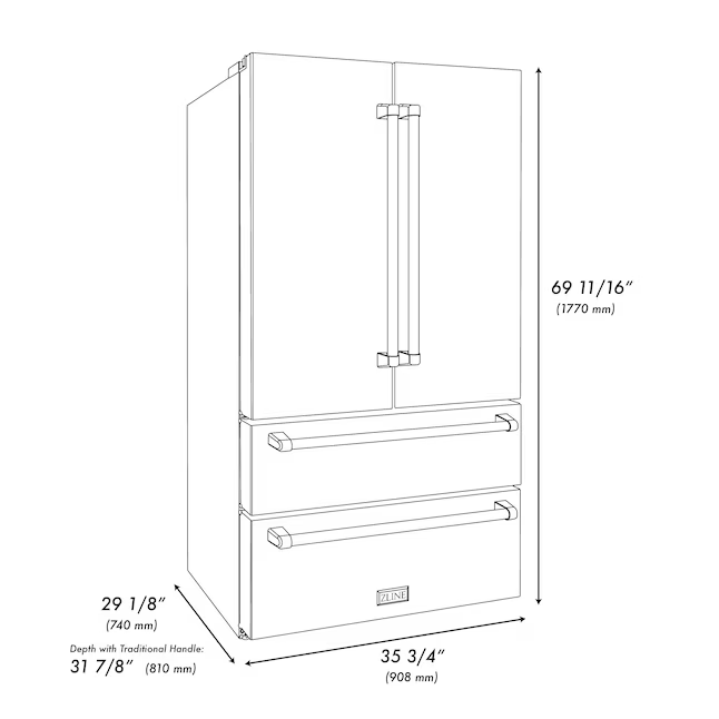ZLINE KITCHEN & BATH Counter-depth 22.5-cu ft 4-Door French Door Refrigerator with Ice Maker (Fingerprint Resistant Stainless Steel) ENERGY STAR, [FB186]