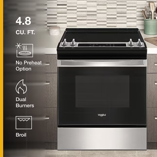 Whirlpool 30-in Glass Top 4 burners 4.8-cu ft Slide-In Electric Range ( Fingerprint Resistant Stainless