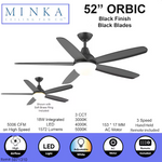 Minka Ceiling Fan Co. Orbic 52-in Color-Changing Integrated LED Smart Matte Black with Matte Black Blades Ceiling Fan With Light - Remote Included (5-Blade), 84120  #5971310 *JR2509, Retail: $219.98, FINAL PRICE: $99.99 + TAX