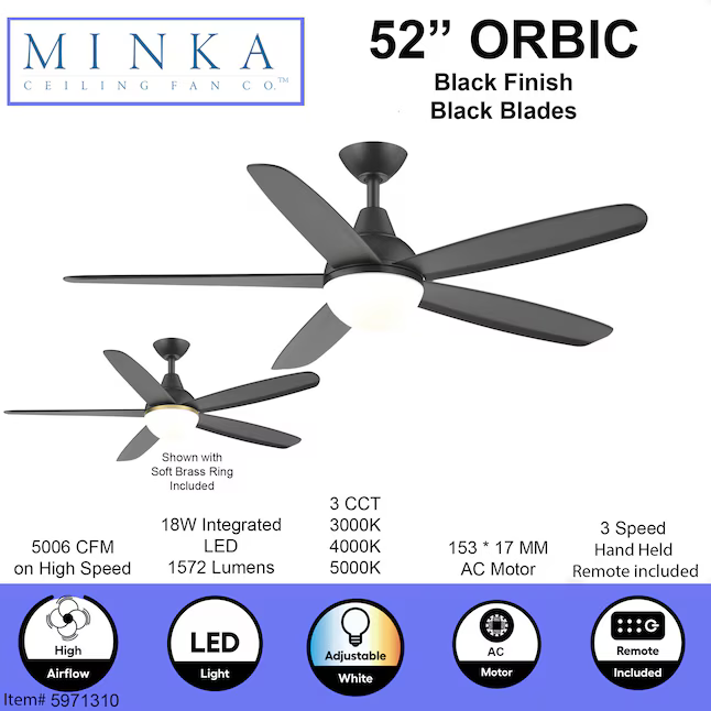 Minka Ceiling Fan Co. Orbic 52-in Color-Changing Integrated LED Smart Matte Black with Matte Black Blades Ceiling Fan With Light - Remote Included (5-Blade), 84120  #5971310 *JR2509, Retail: $219.98, FINAL PRICE: $99.99 + TAX