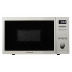 A built-in microwave oven combo with a digital display and various control buttons on the right side, in stainless steel finish.