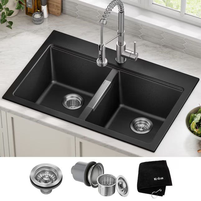 Kraus Quarza Drop-in or undermount 33-in x 22.0-in Quartz Double equal bowl Kitchen Sink, KGD-433B, FINAL PRICE: $179.99 + TAX