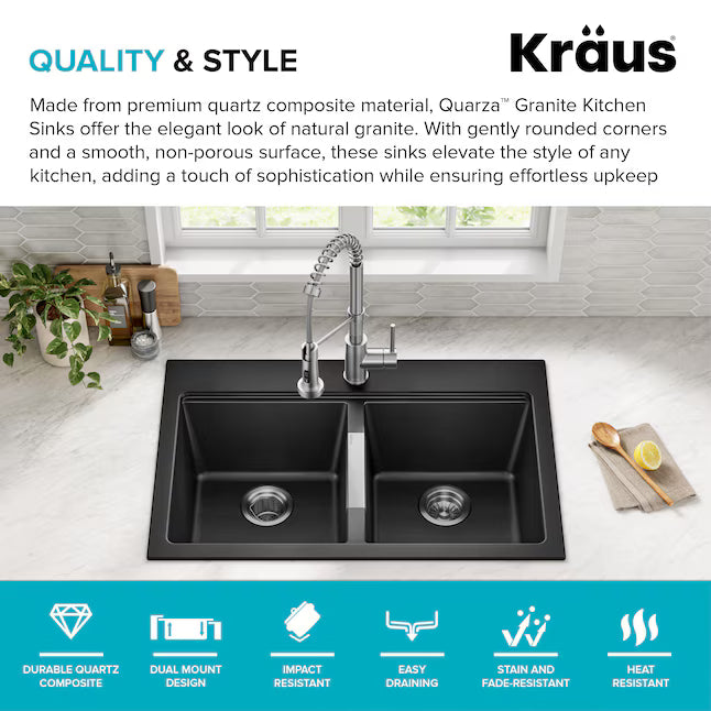 Kraus Quarza Drop-in or undermount 33-in x 22.0-in Quartz Double equal bowl Kitchen Sink, KGD-433B, FINAL PRICE: $179.99 + TAX