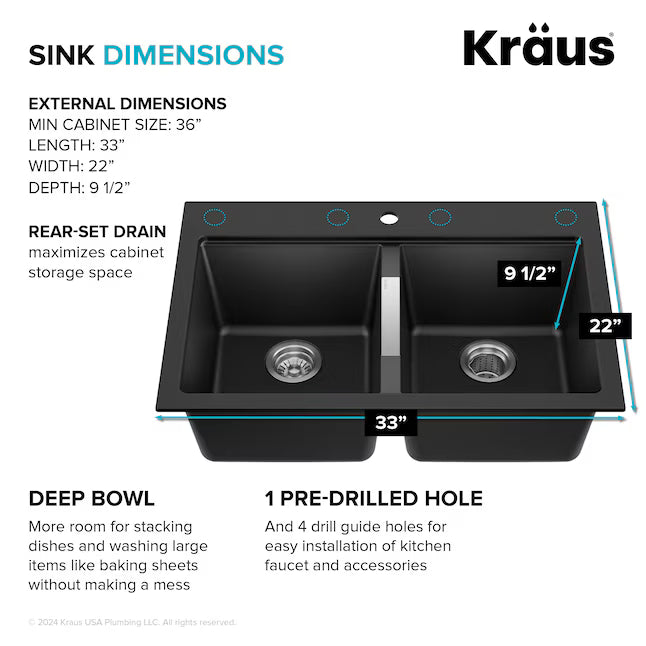 Kraus Quarza Drop-in or undermount 33-in x 22.0-in Quartz Double equal bowl Kitchen Sink, KGD-433B, FINAL PRICE: $179.99 + TAX
