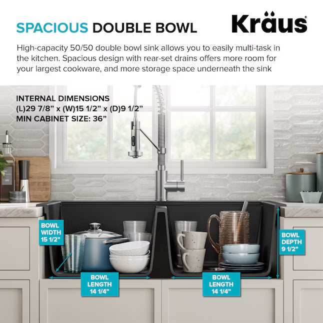 Kraus Quarza Drop-in or undermount 33-in x 22.0-in Quartz Double equal bowl Kitchen Sink, KGD-433B, FINAL PRICE: $179.99 + TAX