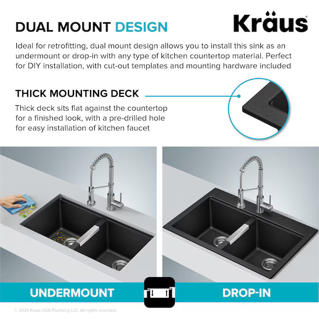 Kraus Quarza Drop-in or undermount 33-in x 22.0-in Quartz Double equal bowl Kitchen Sink, KGD-433B, FINAL PRICE: $179.99 + TAX