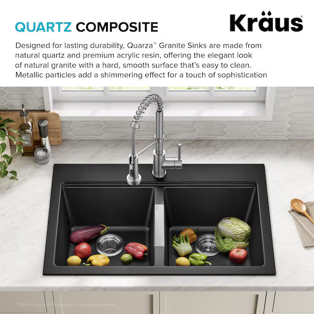 Kraus Quarza Drop-in or undermount 33-in x 22.0-in Quartz Double equal bowl Kitchen Sink, KGD-433B, FINAL PRICE: $179.99 + TAX