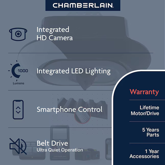 Chamberlain 3/4 HPS myQ Video Ultra Quiet Smart Compatible Belt drive Garage Door Opener Wi-Fi Compatibility LED Light and Camera(s), B4643T *HD2509, Retail: $319.00, FINAL PRICE: $199.99 + TAX