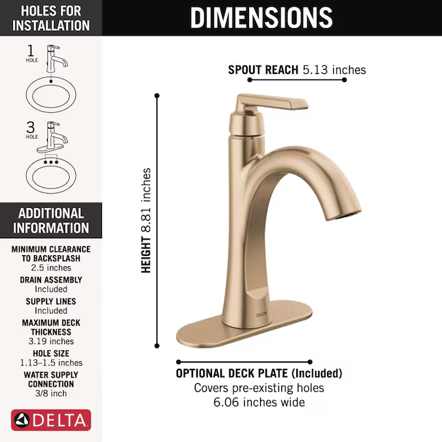 Delta Sparrow Gold Champagne Bronze Single Hole 1-handle WaterSense Mid-arc Residential Handle Bathroom Sink Faucet with Drain with Deck Plate, 15832LF-CZ *HD2507, Retail: $244.70, FINAL PRICE: $79.99 + TAX