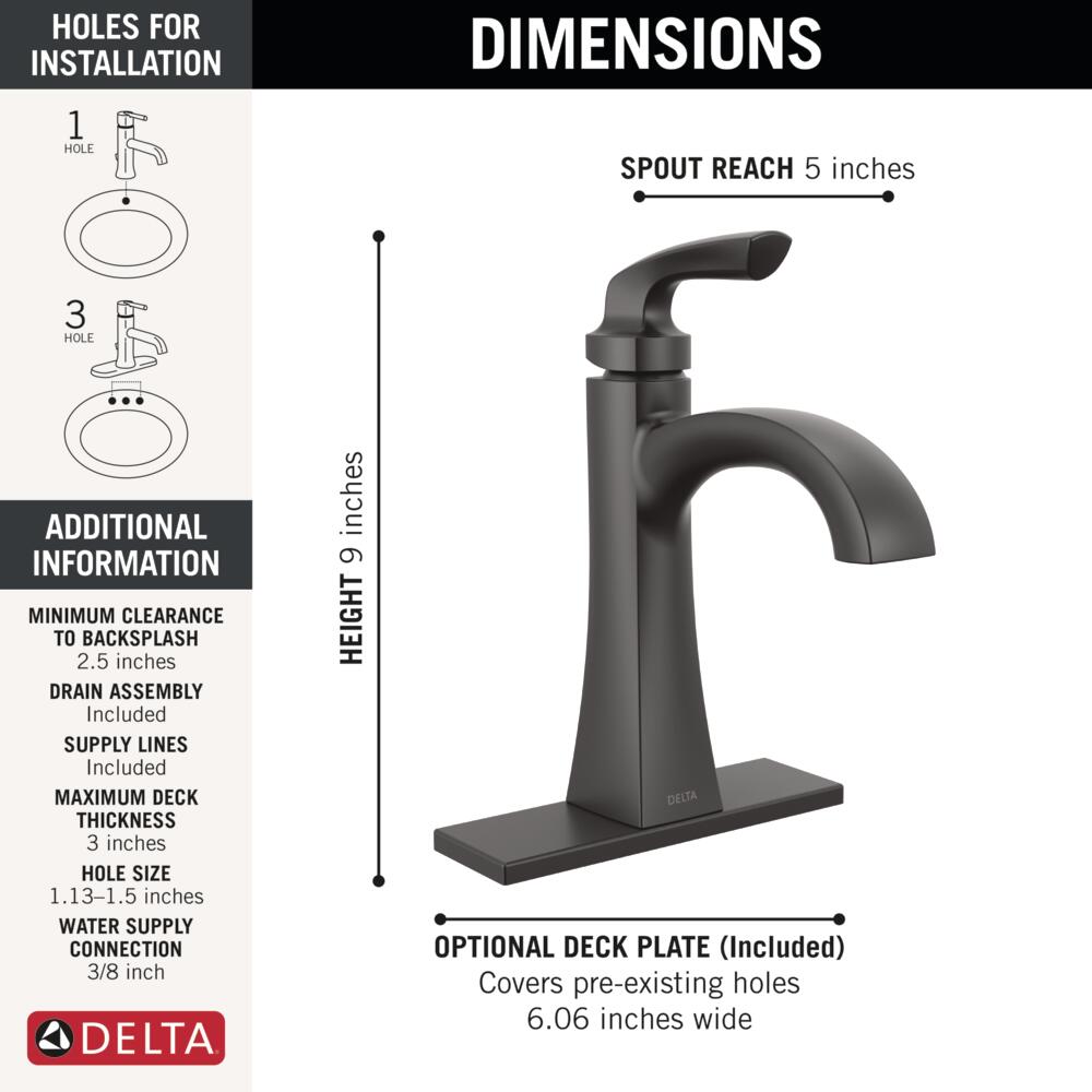 Delta Lacey Matte Black Single hole 1-handle WaterSense Mid-arc Residential Handle Bathroom Sink Faucet with Drain with Deck Plate
