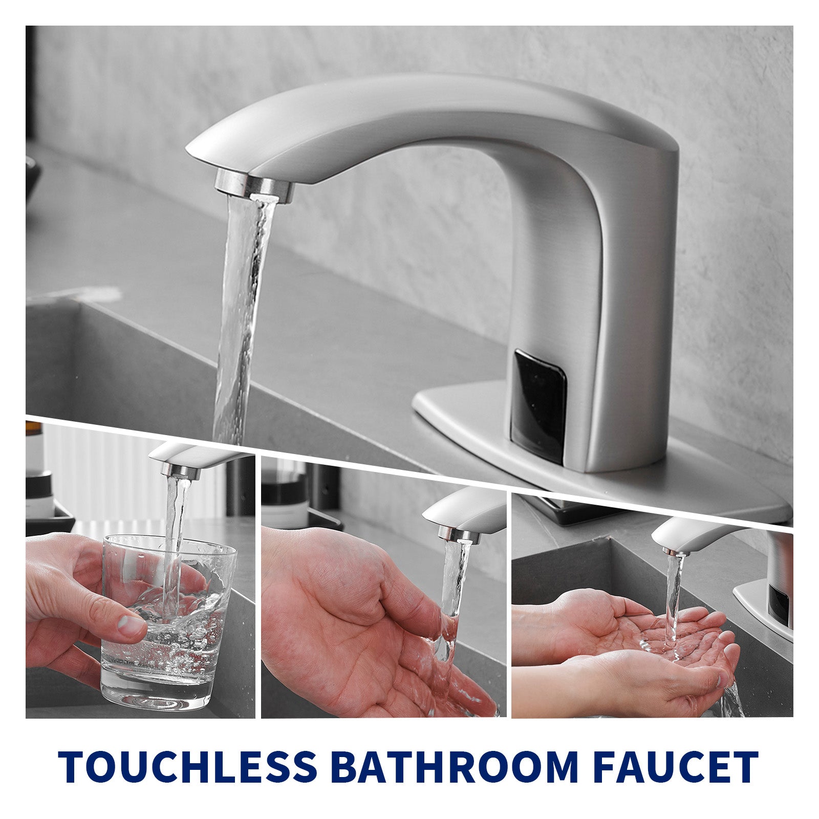 BWE Brushed Nickel Single hole Touchless WaterSense Low-arc Commercial/Residential Touchless Bathroom Sink Faucet with Deck Plate
