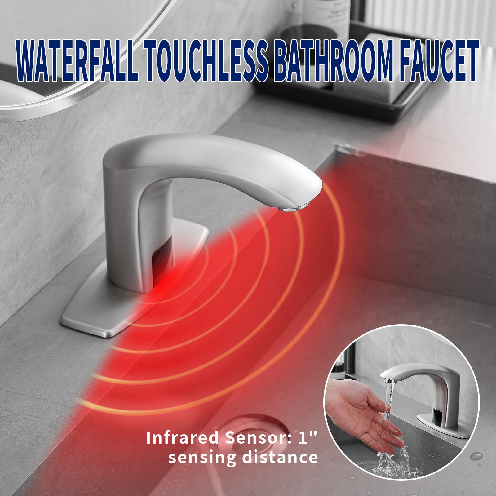 BWE Brushed Nickel Single hole Touchless WaterSense Low-arc Commercial/Residential Touchless Bathroom Sink Faucet with Deck Plate