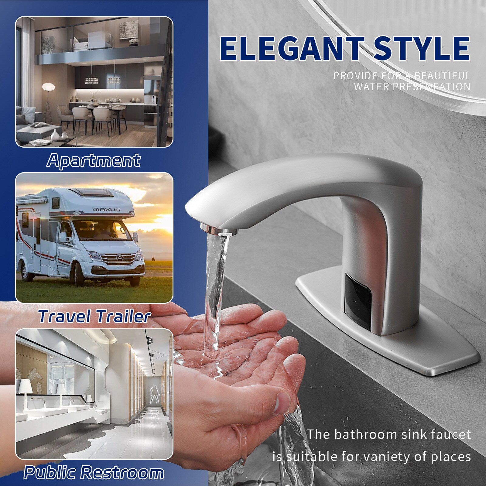 BWE Brushed Nickel Single hole Touchless WaterSense Low-arc Commercial/Residential Touchless Bathroom Sink Faucet with Deck Plate
