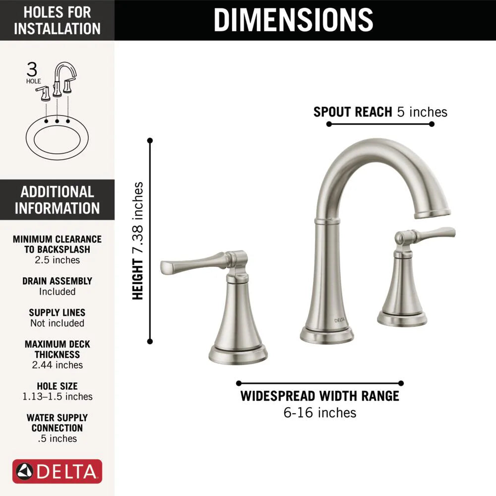 Delta Archdale Two Handle Widespread Lavatory Faucet in Spotshield Brushed Nickel, 35798LF-SP