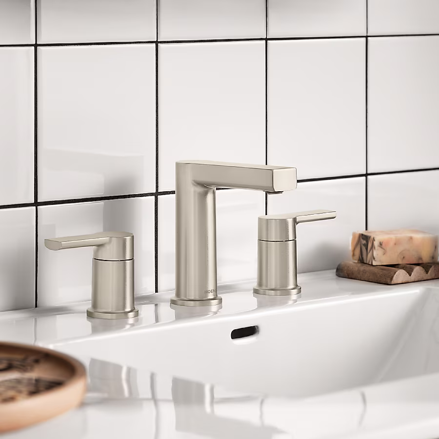Moen Rinza Spot Resist Brushed Nickel Widespread 2-handle WaterSense High-Arc Commercial/Residential Handle Bathroom Sink Faucet with Drain, 84629SRN *JR2509, Retail: $278.70, FINAL PRICE: $99.99 + TAX