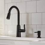 Moen Edwyn Matte Black Single Handle Deck-mount Pull-down Kitchen Faucet with Sprayer (Includes Deck Plate) (Includes Soap Dispenser)