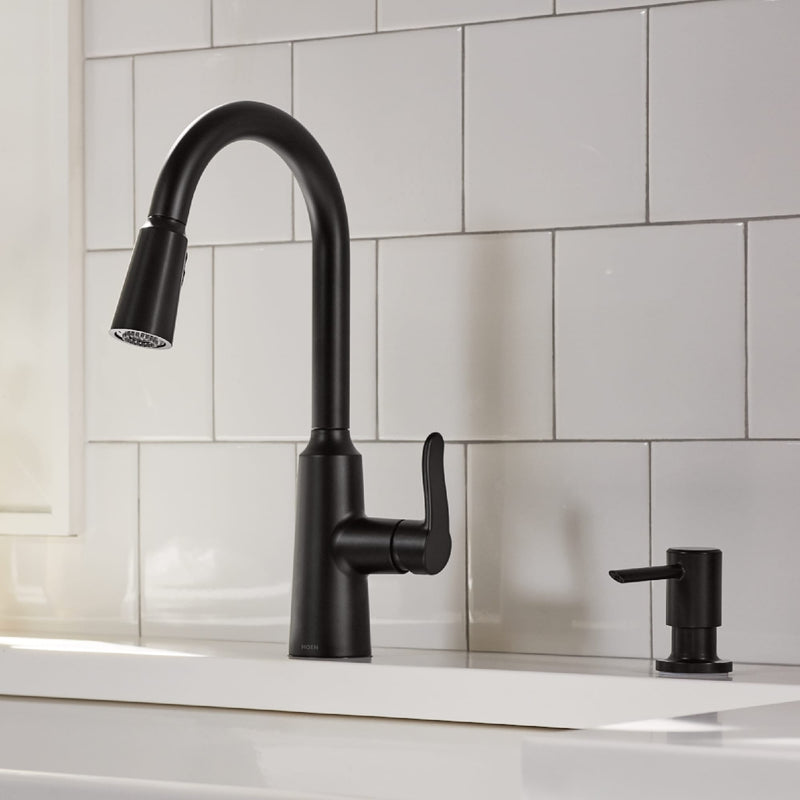 Moen Edwyn Matte Black Single Handle Deck-mount Pull-down Kitchen Faucet with Sprayer (Includes Deck Plate) (Includes Soap Dispenser)