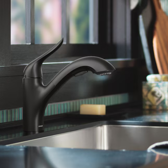 Moen Koa Matte Black Single Handle Deck-Mount Pull-out Kitchen Faucet with Sprayer (Includes Deck Plate), 87931BL *JR2510, Retail: $174.05, FINAL PRICE: $99.99 + TAX