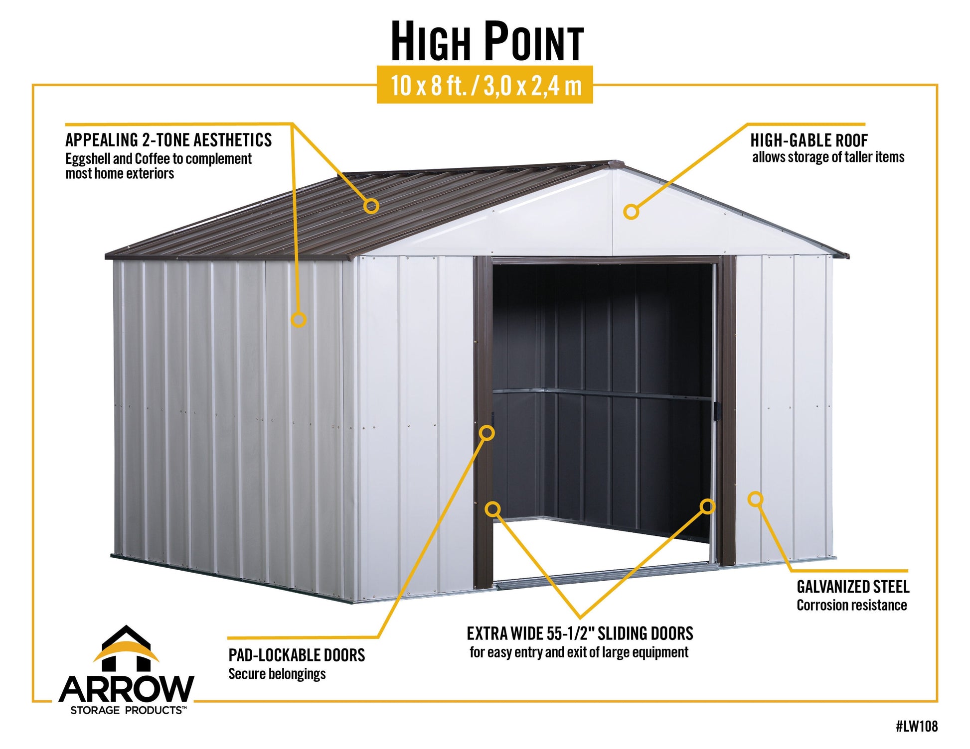 Arrow 10-ft x 8-ft High Point Galvanized steel Metal Storage Shed