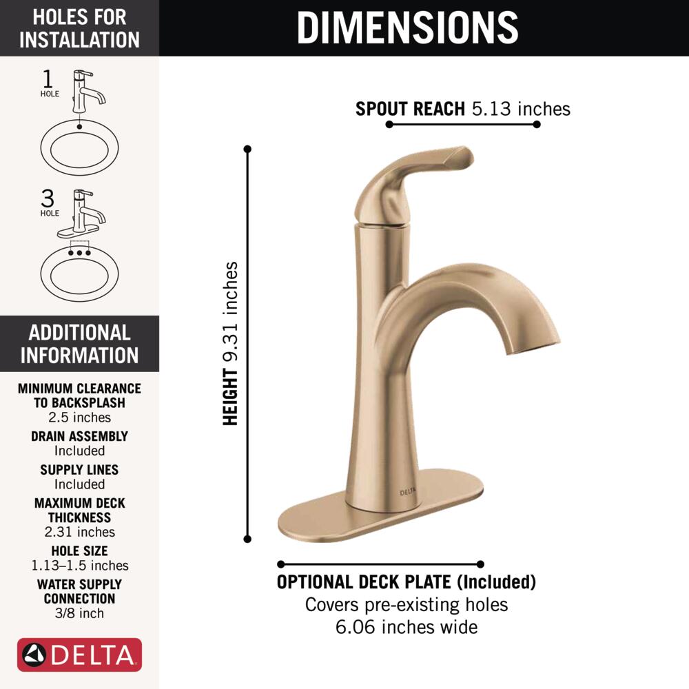 Delta Eldren Gold Champagne Bronze Single hole 1-handle WaterSense Mid-arc Residential Handle Bathroom Sink Faucet with Drain with Deck Plate